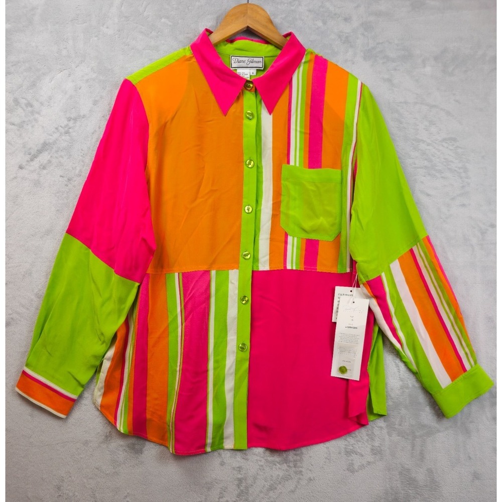 VTG Diane Gilman Silk Shirt Womens 1X Colorblock Striped Tunic Shoulder Pad